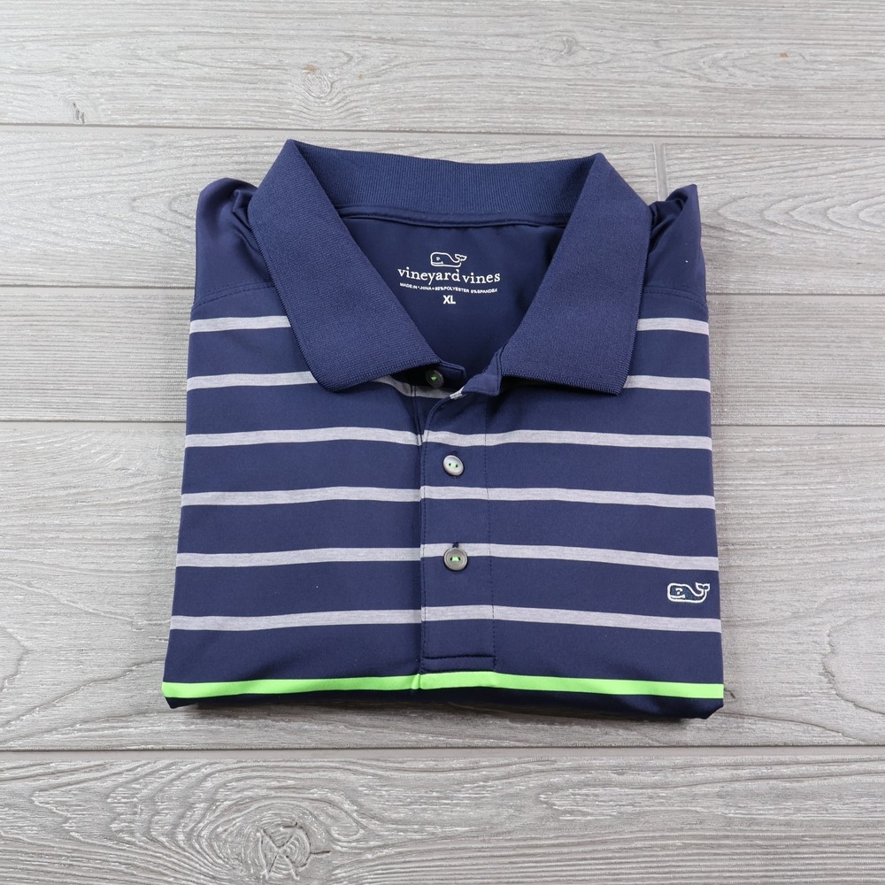 Vineyard Vines Performance Polo Golf Shirt Men's Size XL Navy Striped Whale Logo